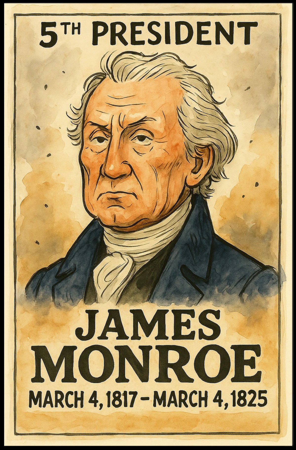 James Monroe 5th President of the United States Exaggerated Cartoon Sketch Poster