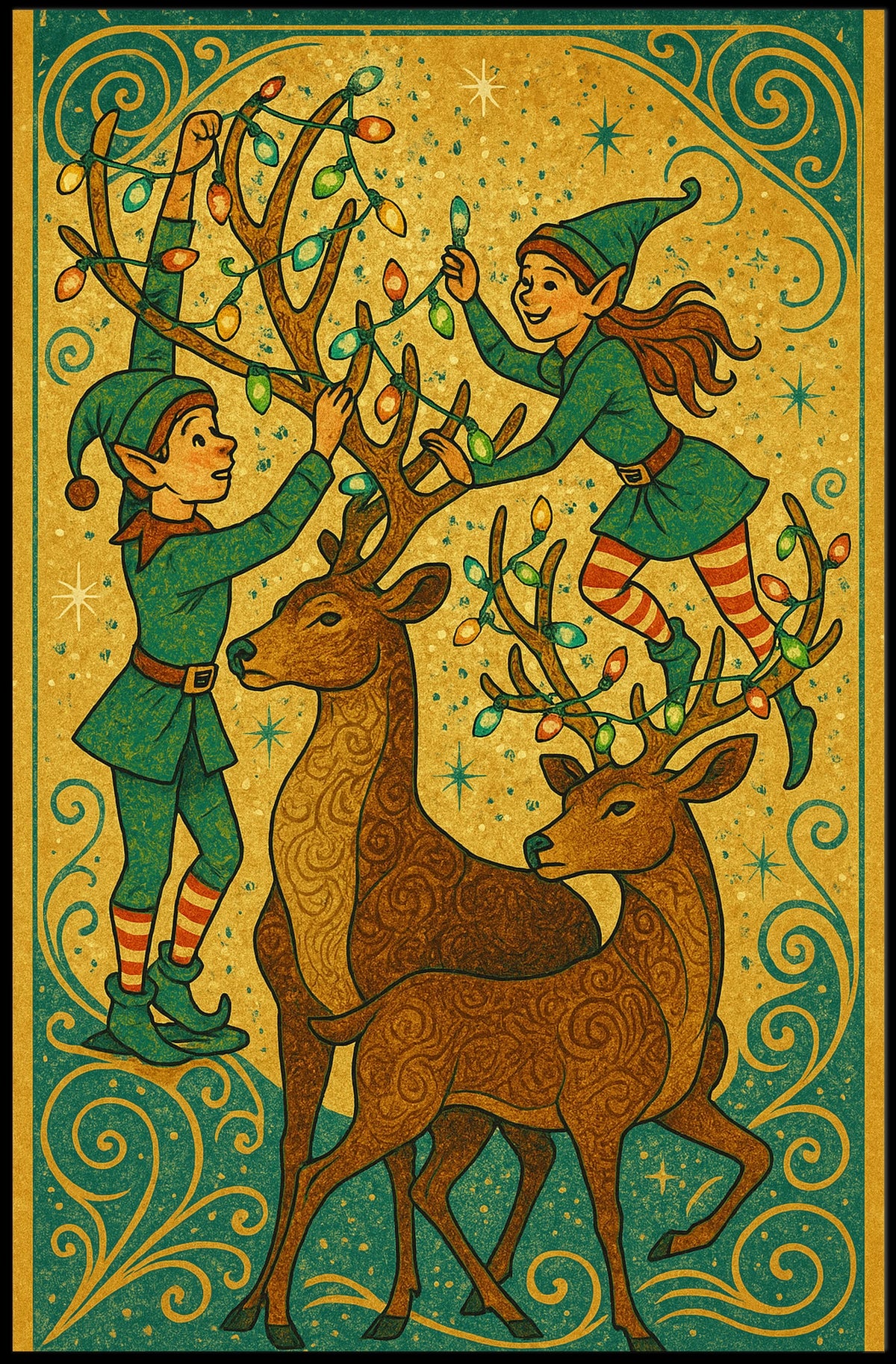 Festive Elves And Reindeer Poster
