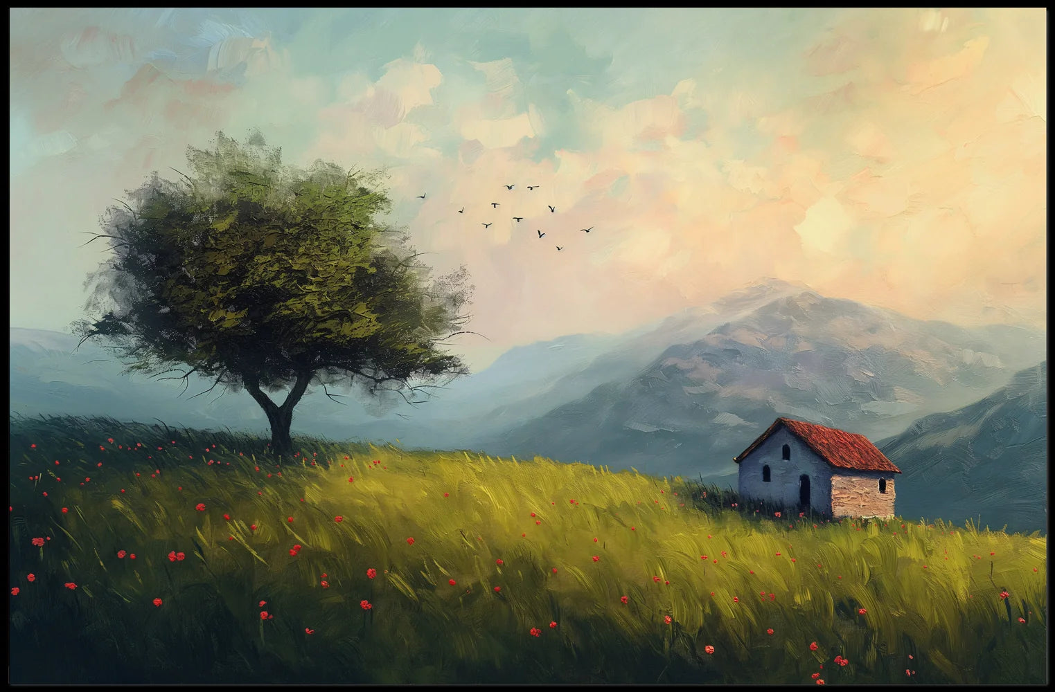Serene Countryside Landscape with Cottage and Tree