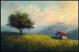 Serene Countryside Landscape with Cottage and Tree