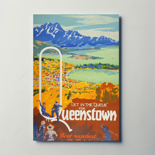 Queenstown Best Reached by Rail Vintage Poster