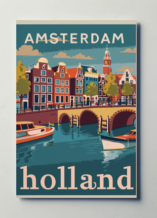 Amsterdam Holland Autumn Canal Houses Vintage Travel Poster