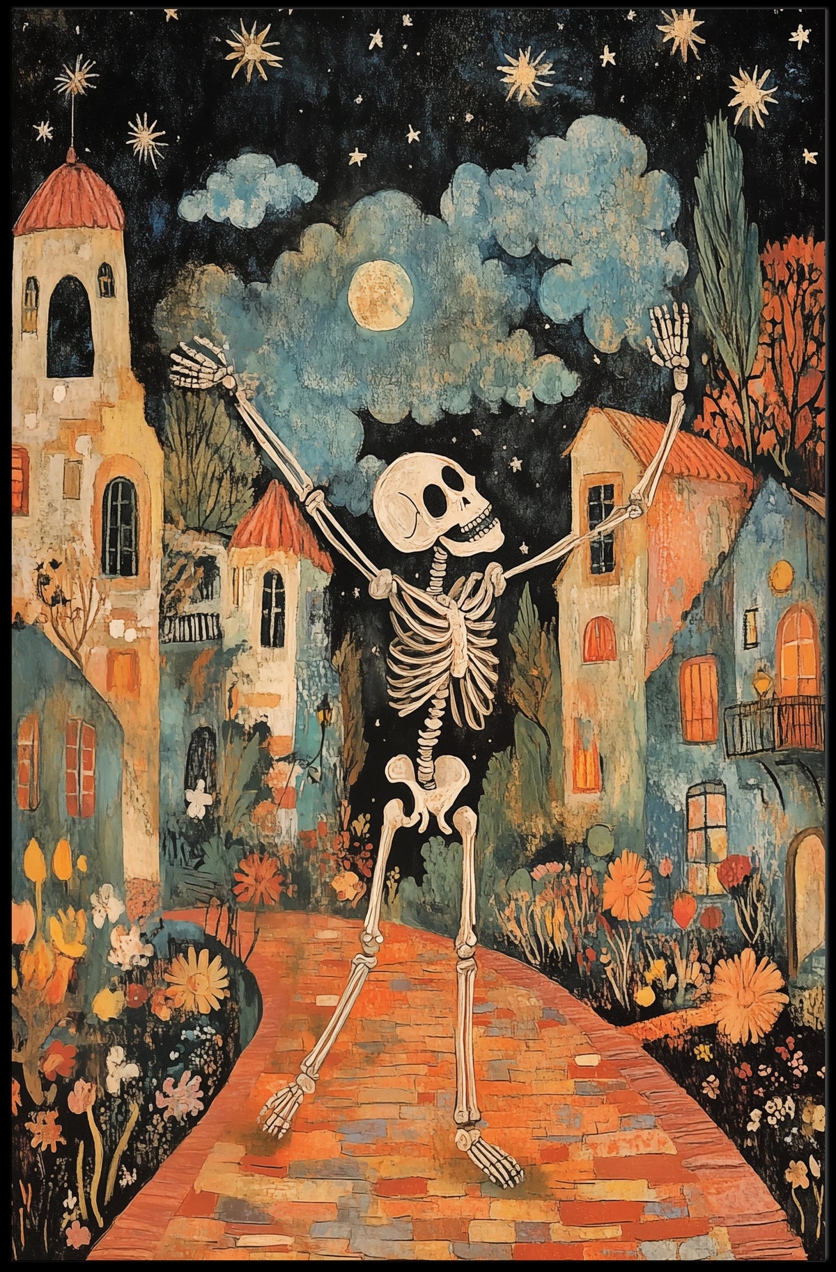 Dancing Skeleton Joyful Starry Night Whimsical Poster