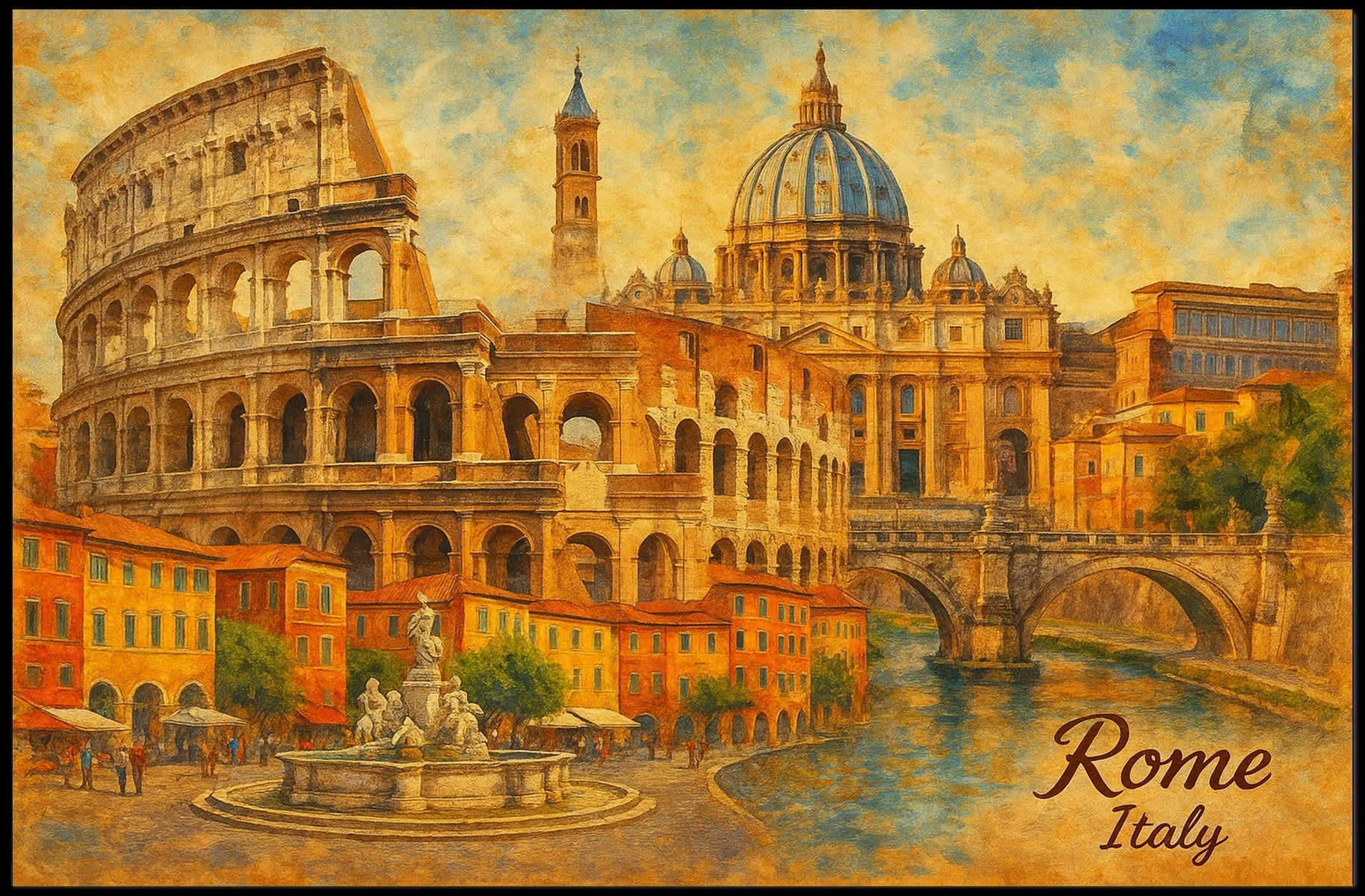Rome Cityscape Italy Travel Watercolor Realism Heritage Architecture Wanderlust Decor Poster