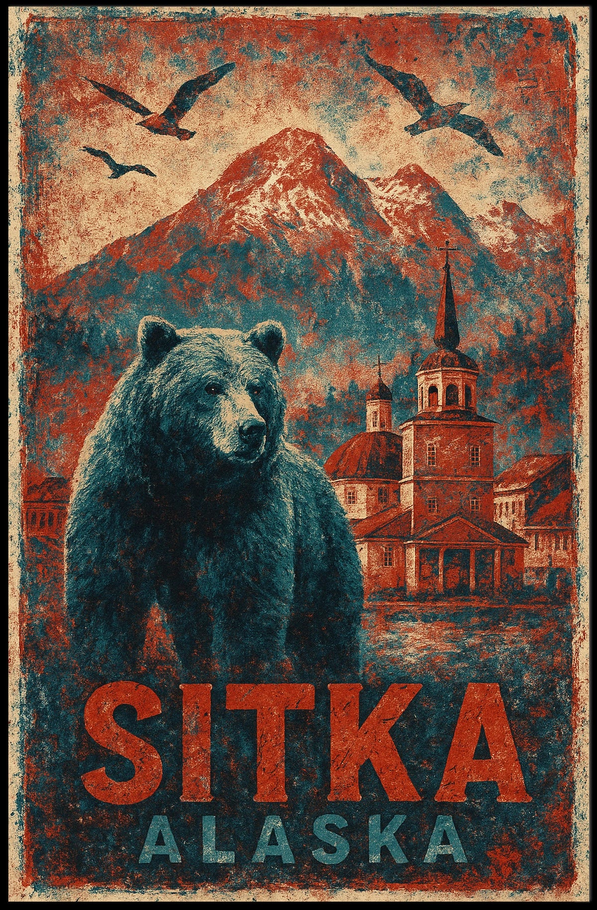 Sitka Alaska Travel Vintage Bear Foreground Snowcapped Mountains Church Heritage Art Deco Retro Eighties Poster