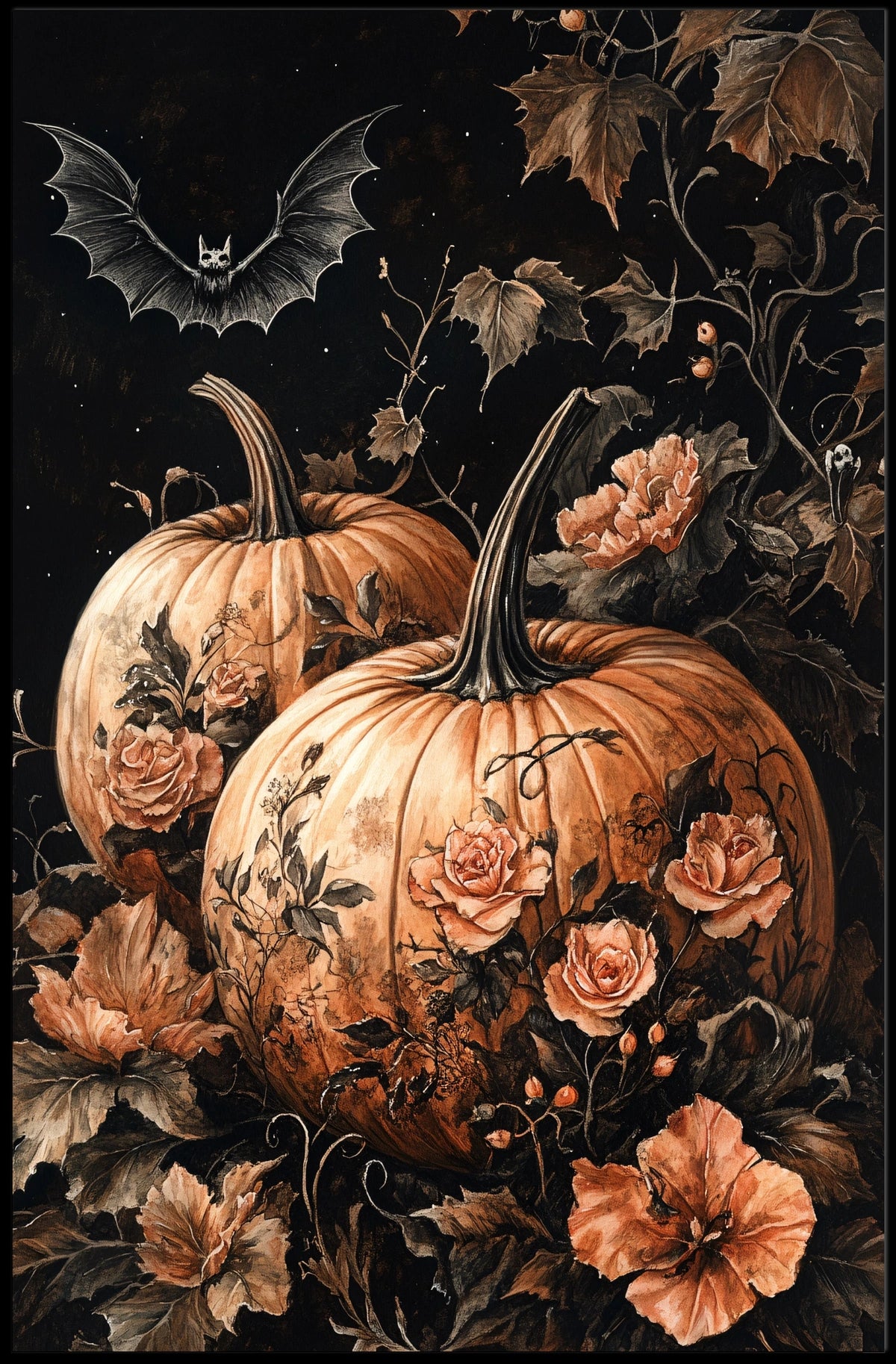 Pumpkins and Roses Halloween Artistic Poster