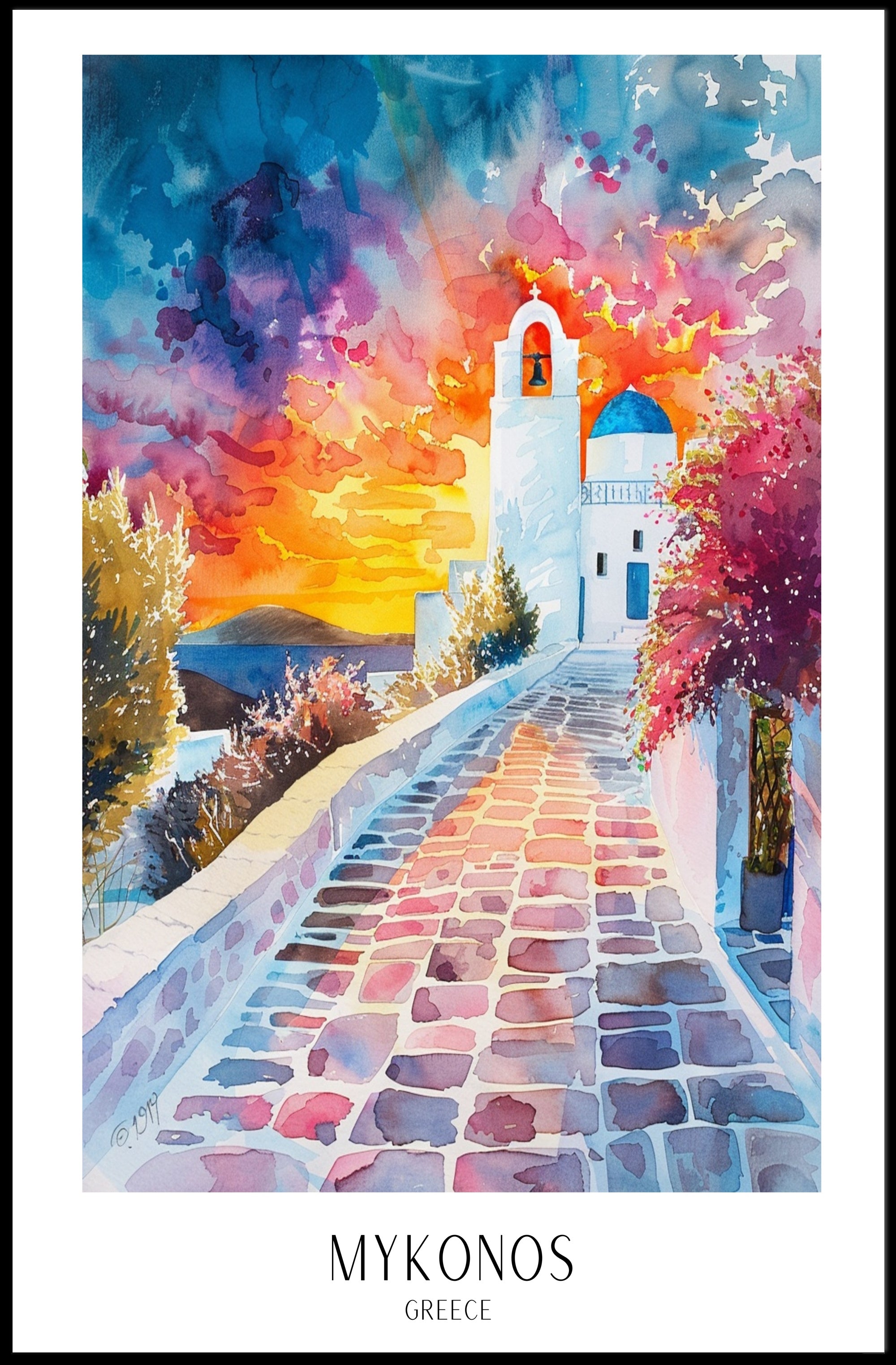 Mykonos Watercolor Dreamscape: Idyllic Travel Poster PosterGoat