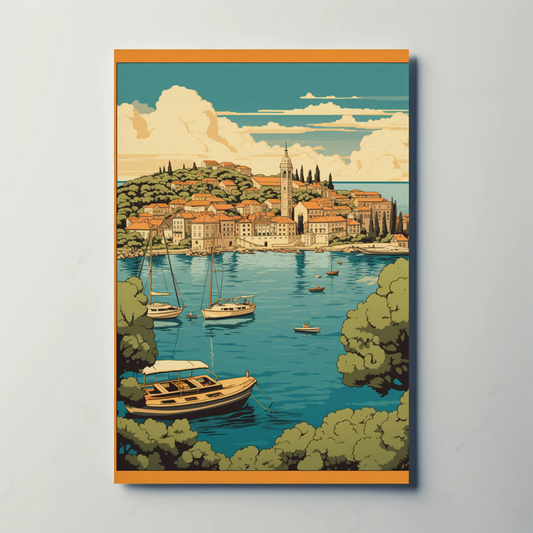 Coastal Mediterranean Village Boats Scenic Bay Travel Poster