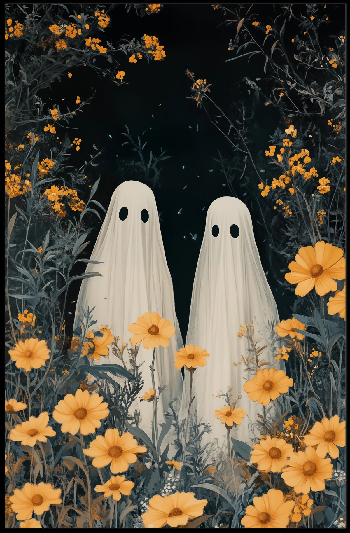 Ghostly Figures Surreal Whimsical Flowers Poster