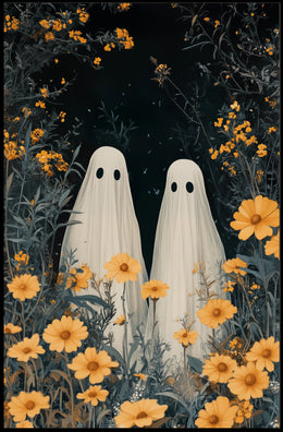 Ghostly Figures Surreal Whimsical Flowers Poster