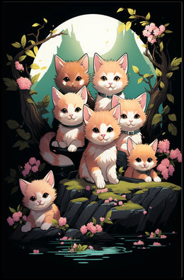 Whimsical Kittens Moonlit Fantasy Nature Art Poster