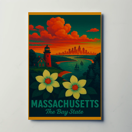 Massachusetts Bay State Sunset Lighthouse Flowers Poster