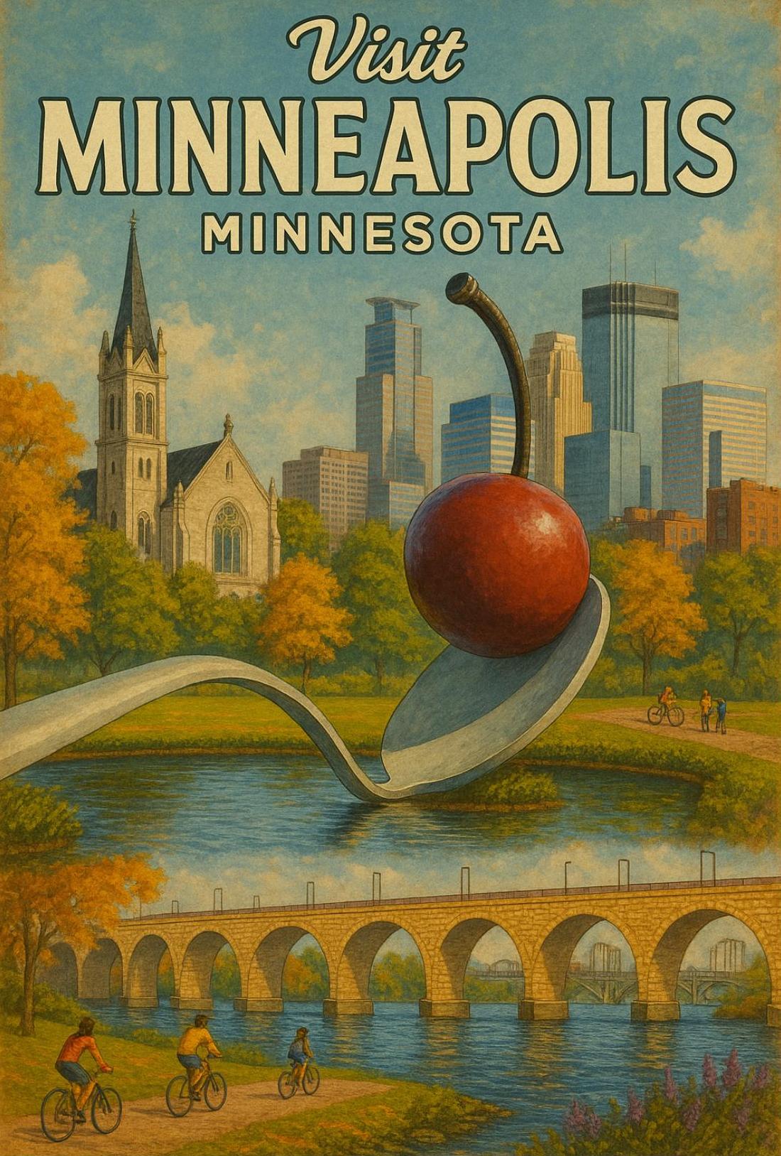 Visit Minneapolis Landmarks Retro Travel Poster