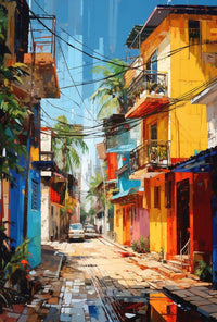 Vibrant Tropical Urban Street Scene Artistic Poster