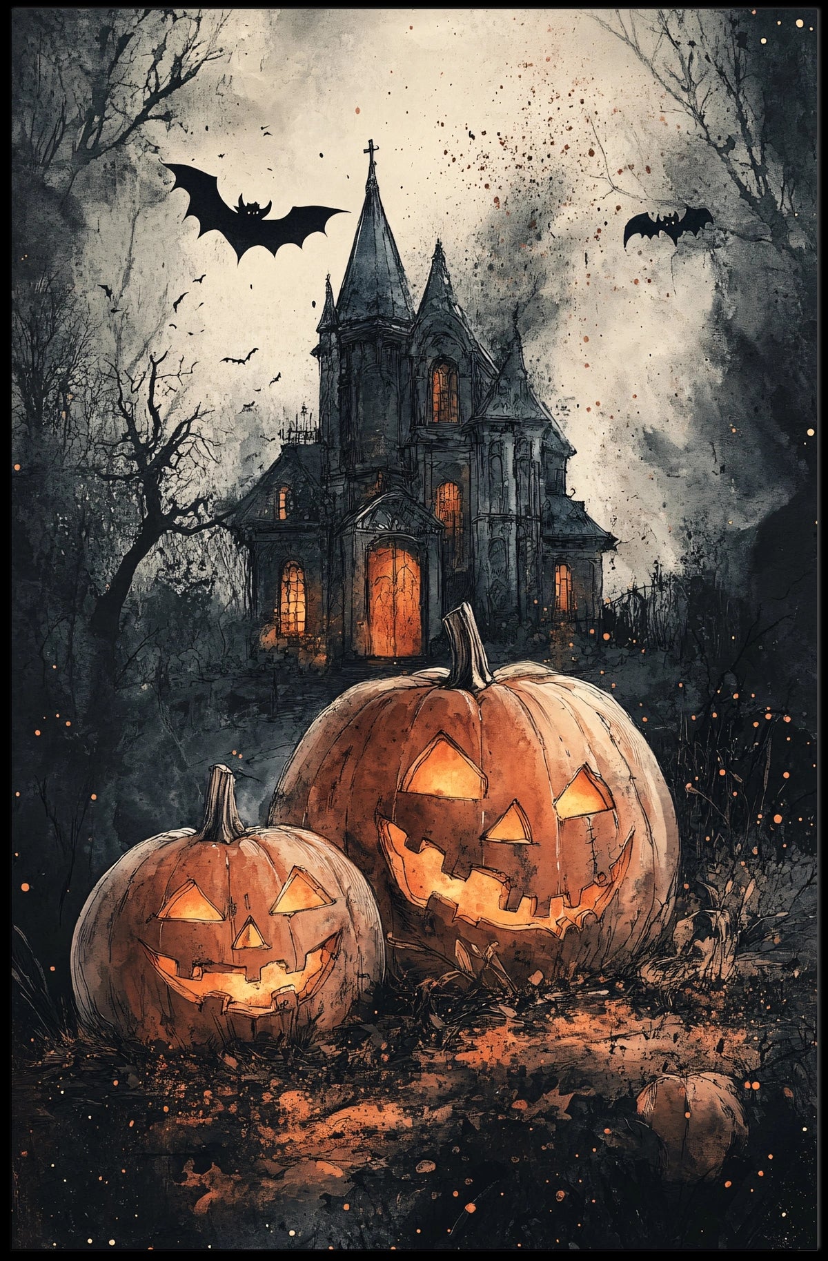 Spooky Gothic Mansion Halloween Scene - Cultural Poster