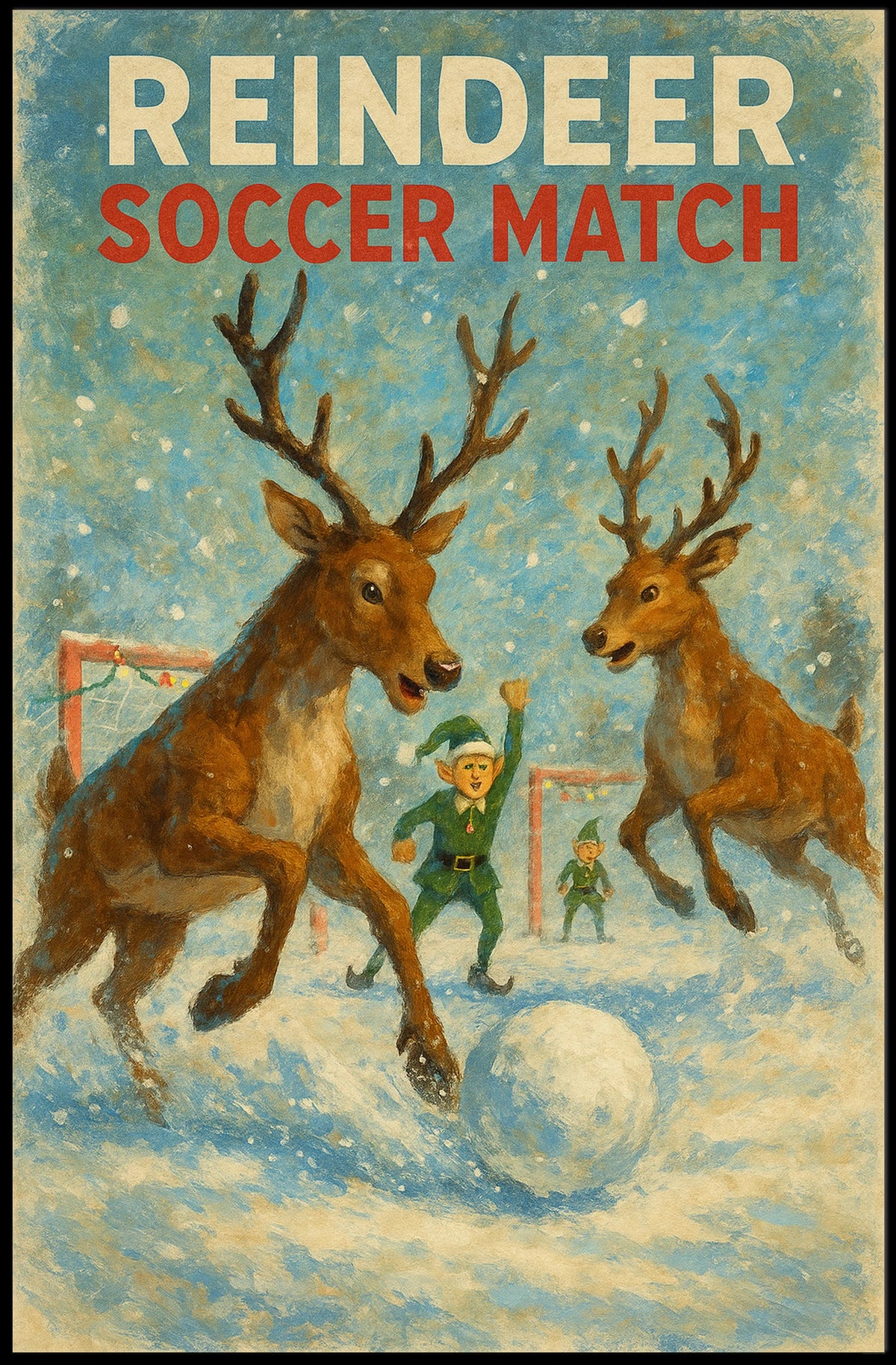 Reindeer Soccer Match: Whimsical Holiday Poster Art