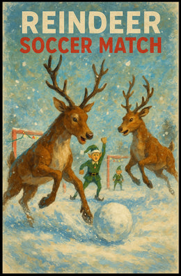 Reindeer Soccer Match: Whimsical Holiday Poster Art