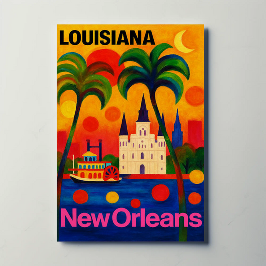 New Orleans Louisiana Steamboat Cathedral Cityscape Travel Poster