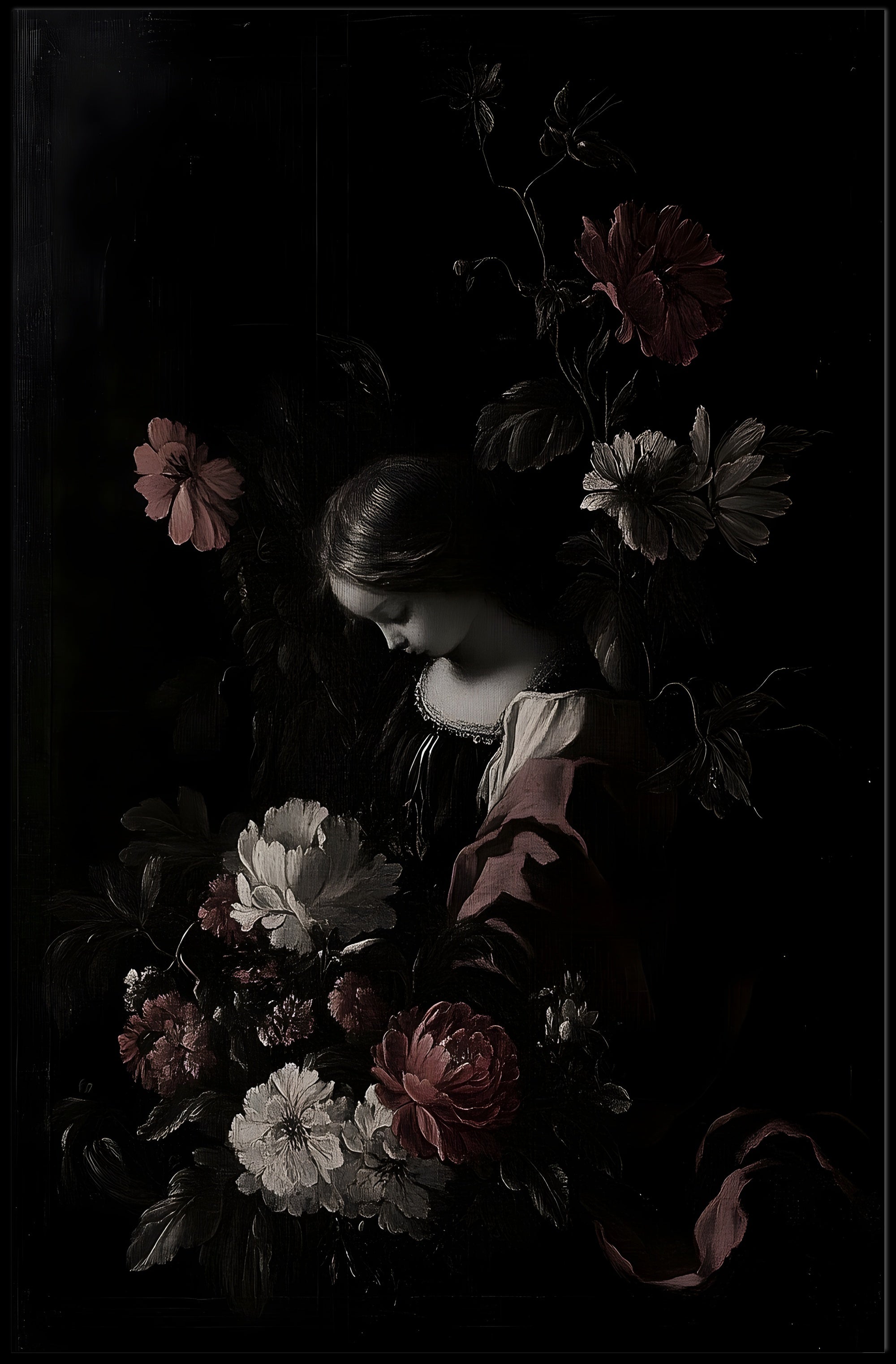 Serene Renaissance Woman Floral Artistry Poster PosterGoat