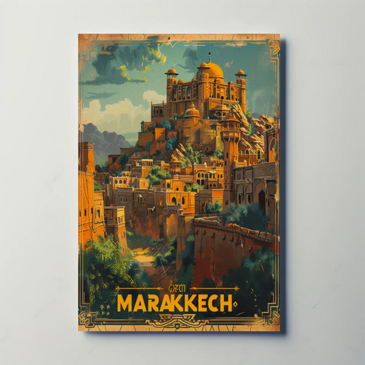 Marrakech Medina Palaces Mountains Travel Poster