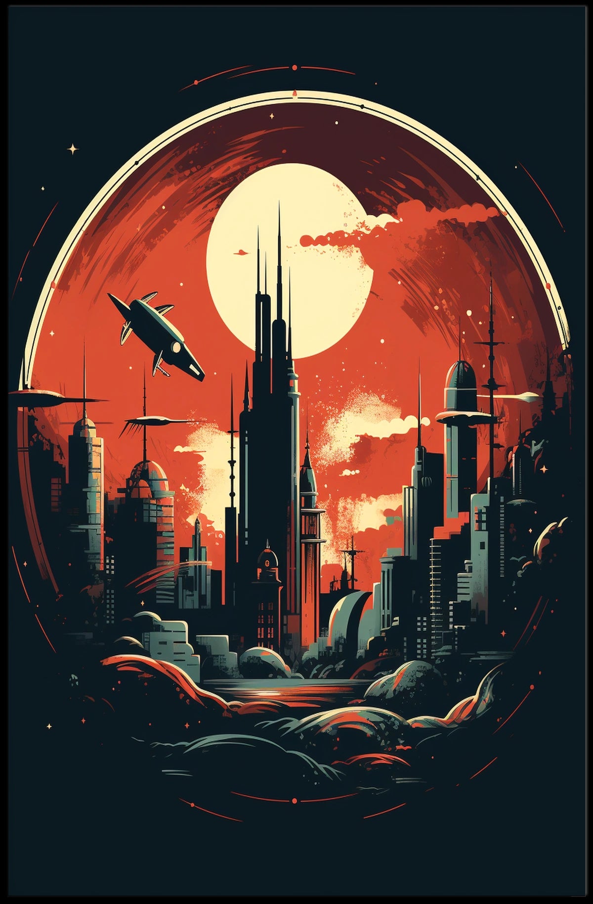 Futuristic Cityscape Under a Crimson Sky Poster