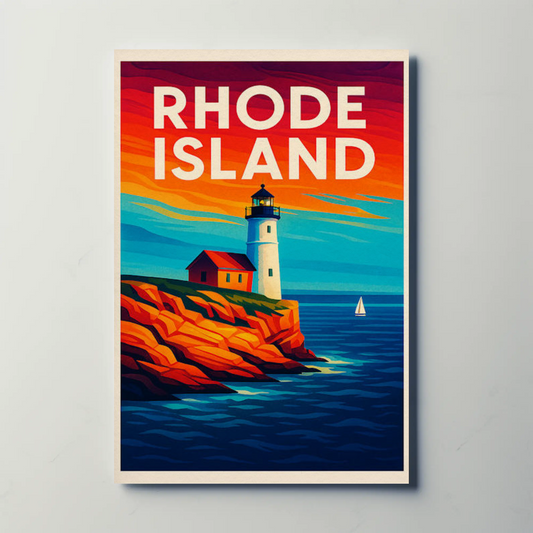 Rhode Island Coast Lighthouse Ocean Sunset Travel Poster