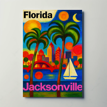 Jacksonville Florida Vibrant Skyline With Sailboat Travel Poster