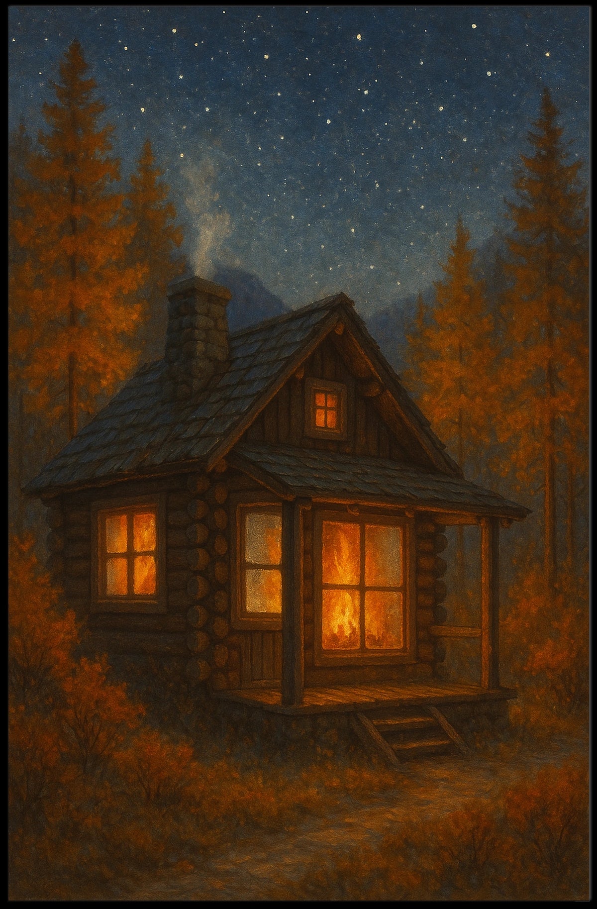 Serene Autumn Night Log Cabin Impressionism Digital Painting Starry Sky Cozy Hearth Poster