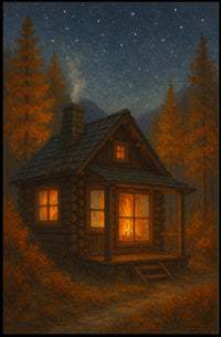 Serene Autumn Night Log Cabin Impressionism Digital Painting Starry Sky Cozy Hearth Poster