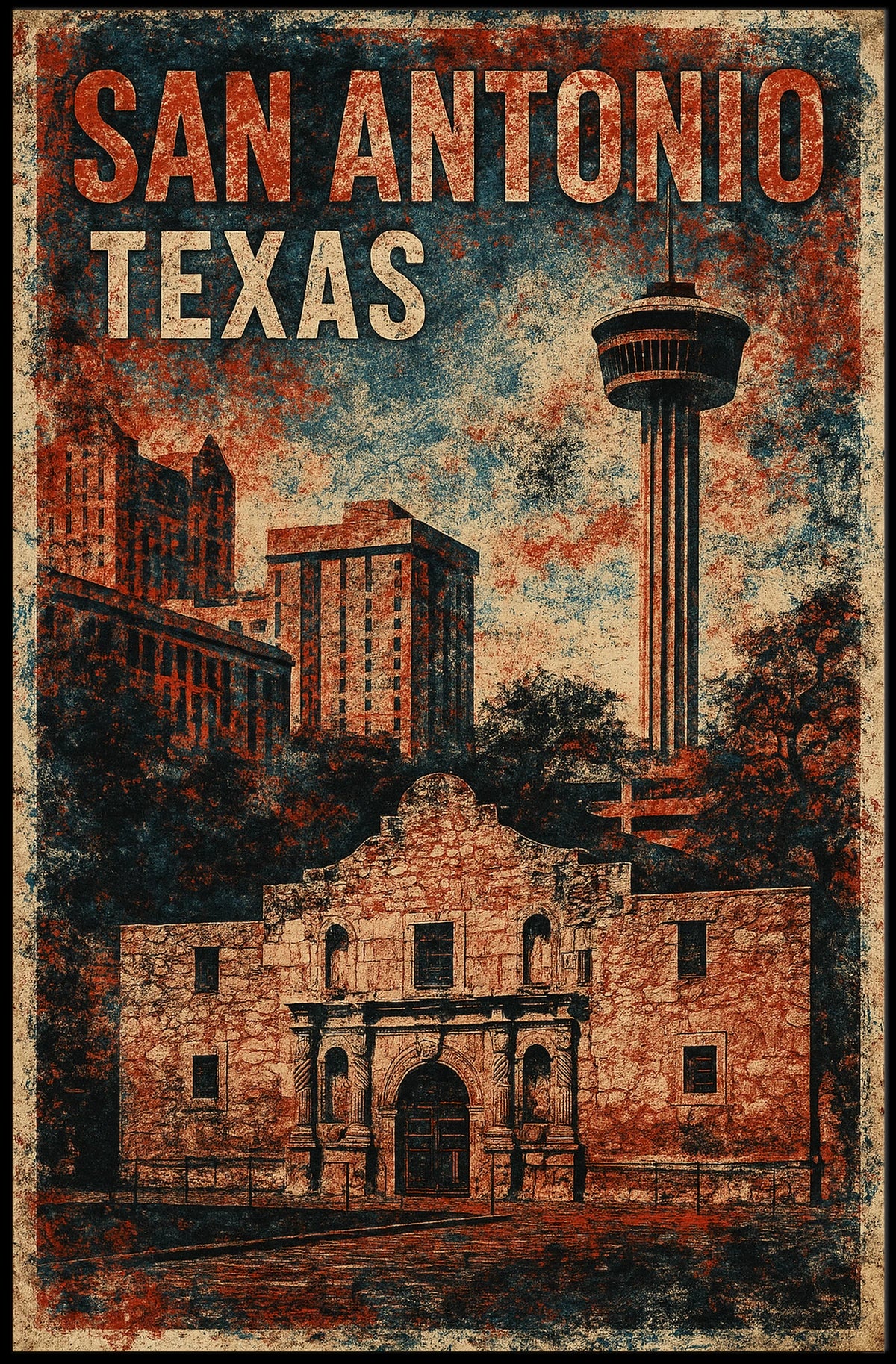 San Antonio Vintage Landmarks Travel Nostalgia Poster