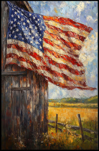 Flag Draped Rustic Wooden Barn Landscape With Fence Poster