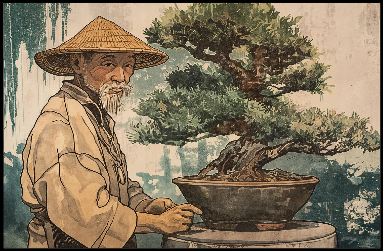 Elderly Man Bonsai Art Poster Vintage Style