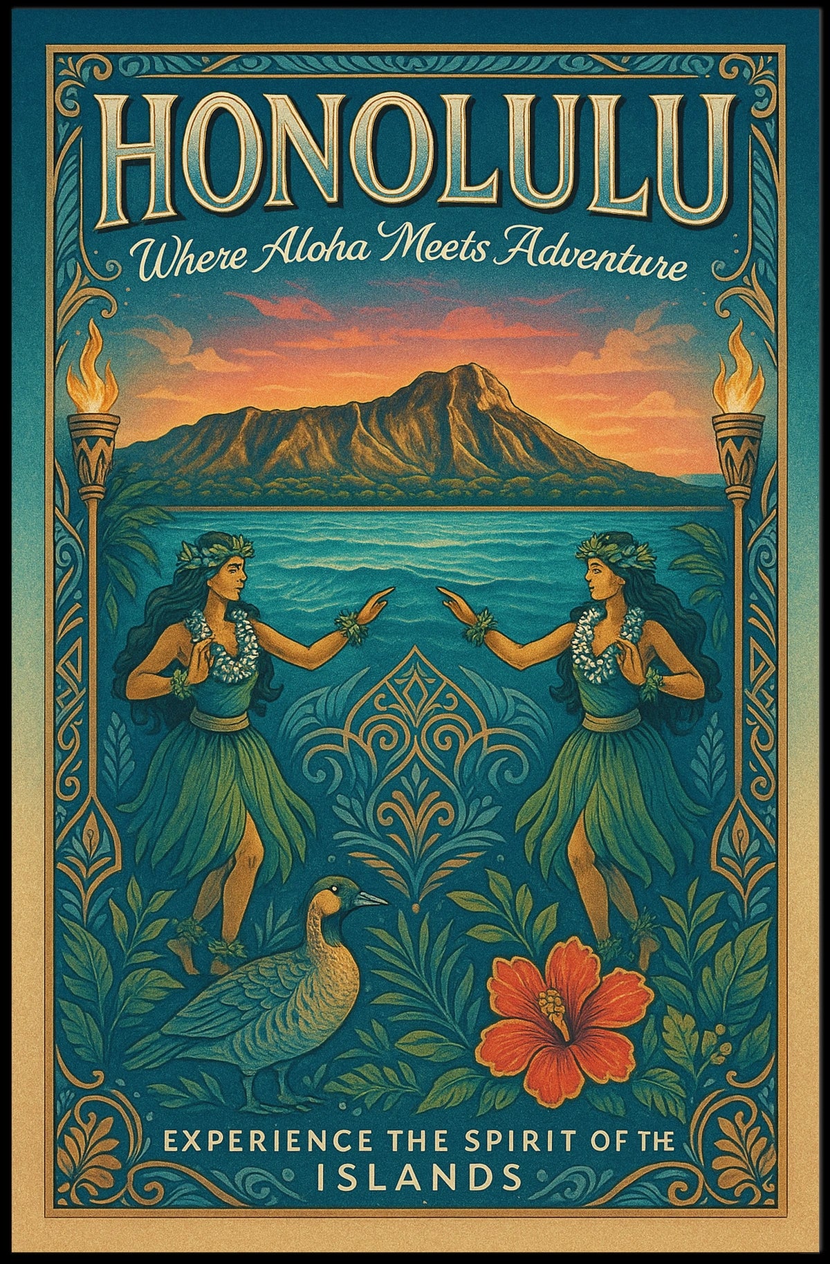 Hawaiian Vintage Art Poster Hula Dancers & Sunset