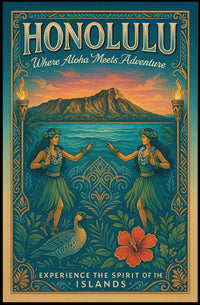 Hawaiian Vintage Art Poster Hula Dancers & Sunset