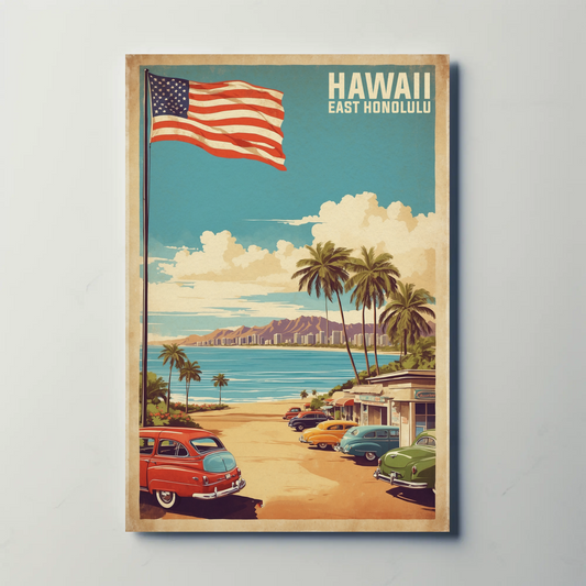 East Honolulu Hawaii Retro Beachside Vintage Travel Poster