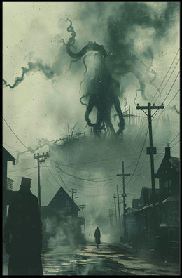 Dark Victorian Town with Tentacled Creature Fantasy Poster PosterGoat