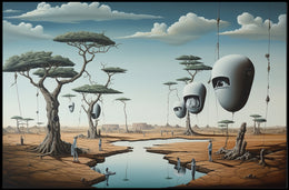Surreal Landscape with Humanoids: Futuristic Sci-Fi Poster
