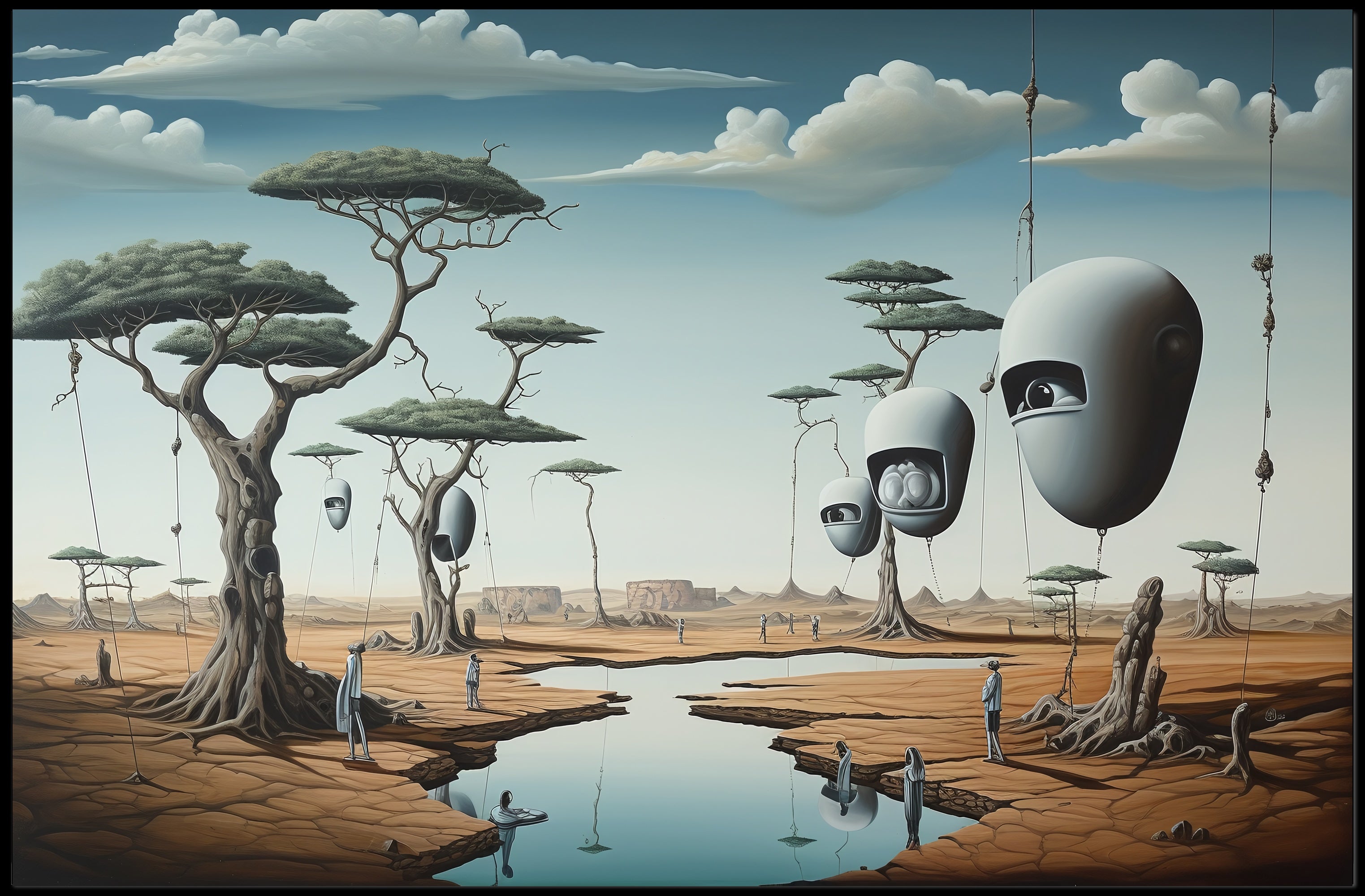 Surreal Landscape with Humanoids: Futuristic Sci-Fi Poster