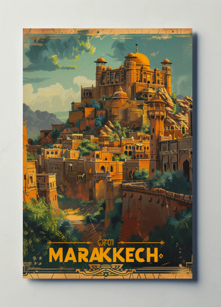 Marrakech Morocco Mountains Palaces Architecture Sunset Travel Poster