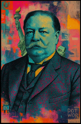 Stylized Pop Art Portrait with Liberty and Robot Elements Poster