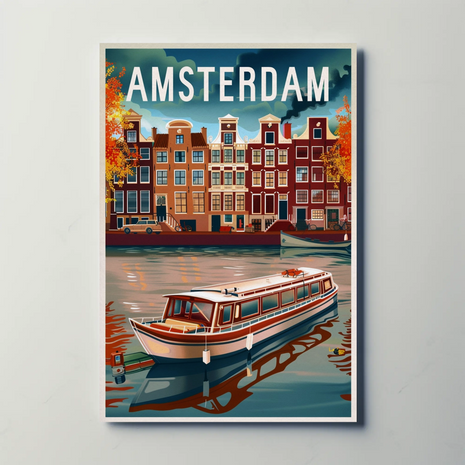 Amsterdam Canal Boat Illustration Vintage Style Poster