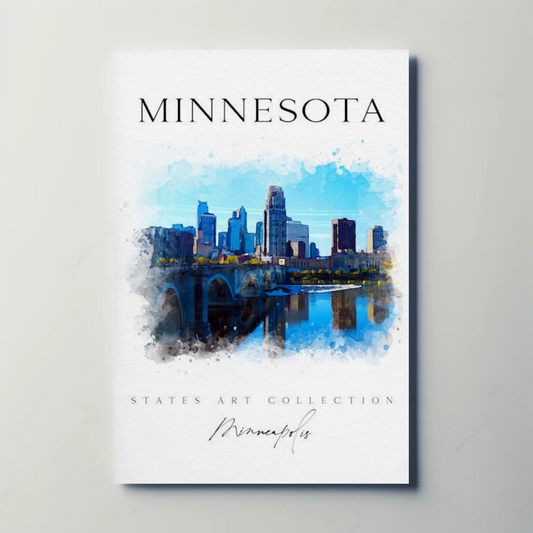 Minnesota Watercolor Skyline Bridge Scene Vintage Travel Poster