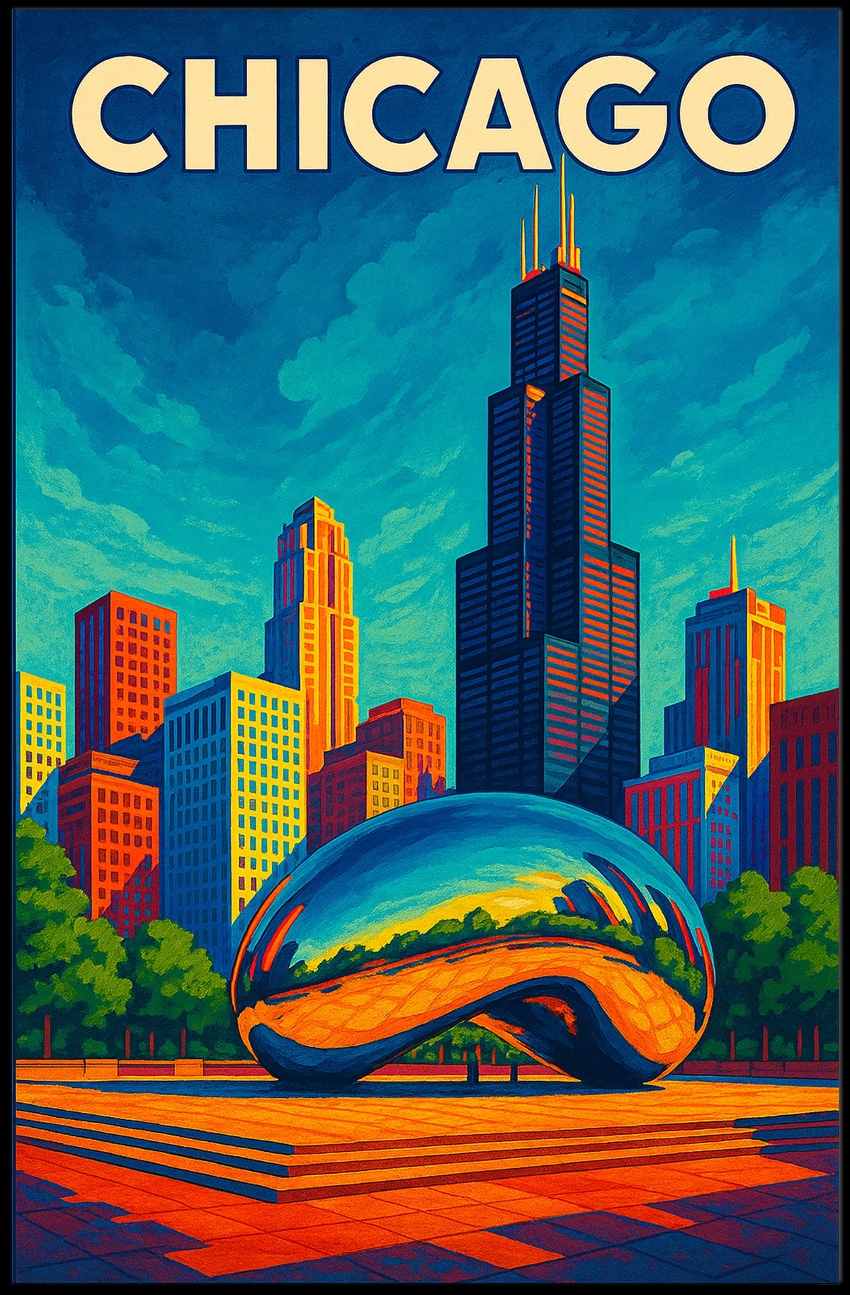 Chicago Skyline And Cloud Gate Poster