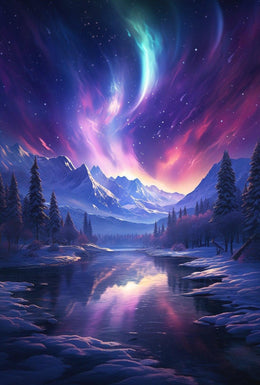 Aurora Over Alpine River: Abstract, Artistic, or Pop Culture Poster