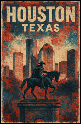 Patriotic Houston Skyline Cowboy Vintage Cityscape Poster