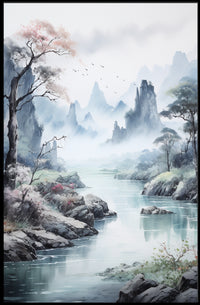 Serene Mountain Vista: Traditional East Asian Artistic Poster