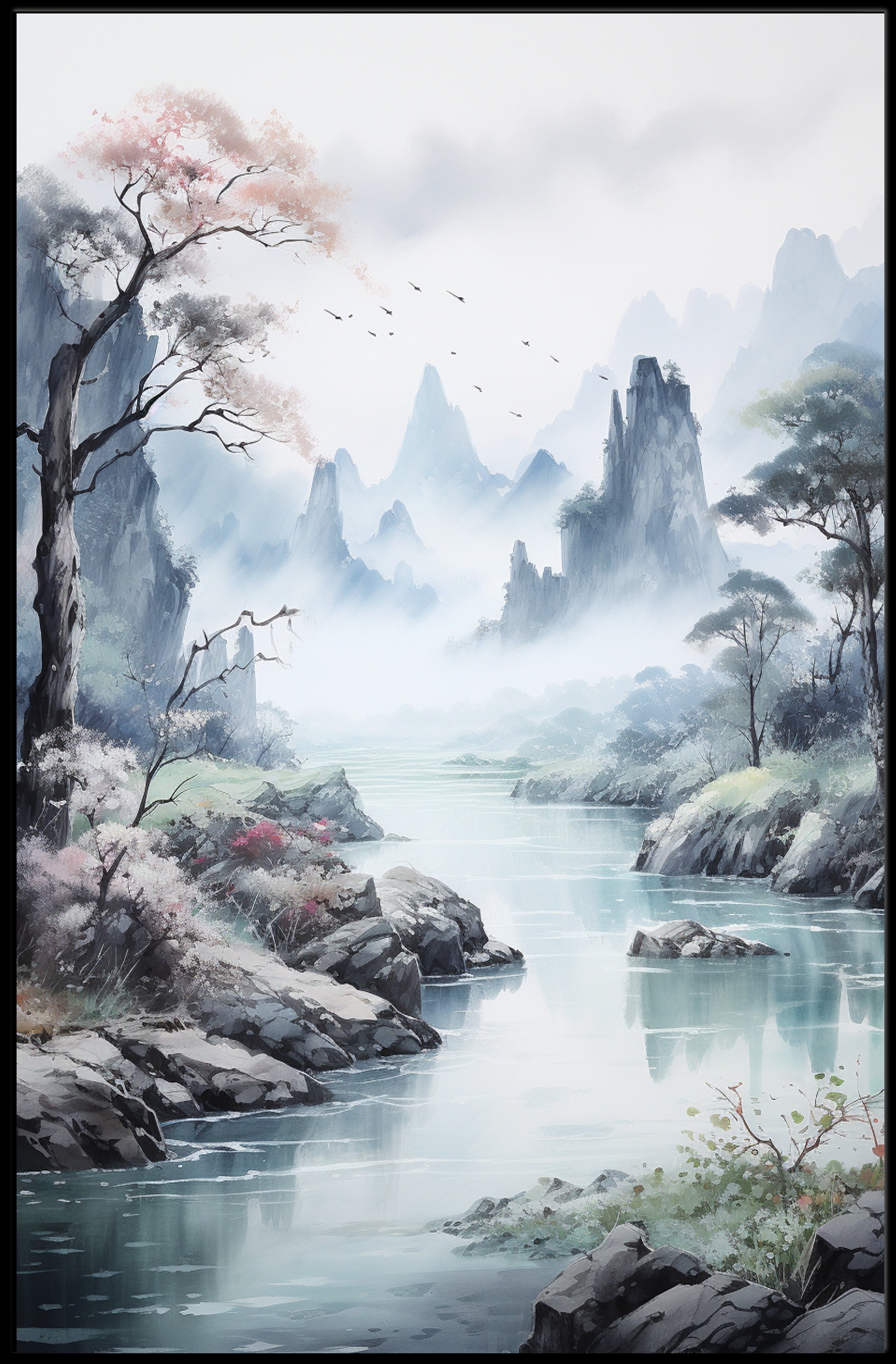 Serene Mountain Vista: Traditional East Asian Artistic Poster