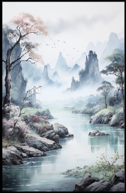 Serene Mountain Vista: Traditional East Asian Artistic Poster
