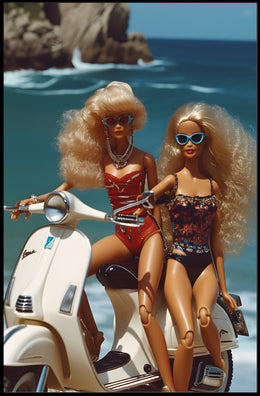 Beach Glamour: Vibrant Dolls on Scooter Travel Poster PosterGoat