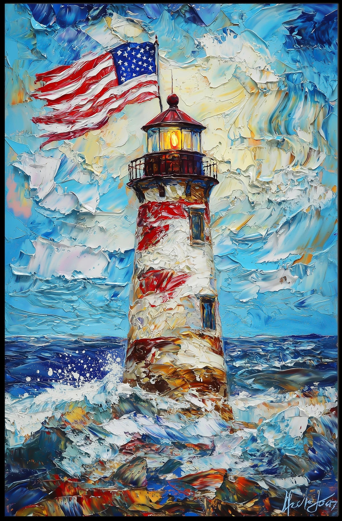 Lighthouse By The Ocean With American Flags Poster
